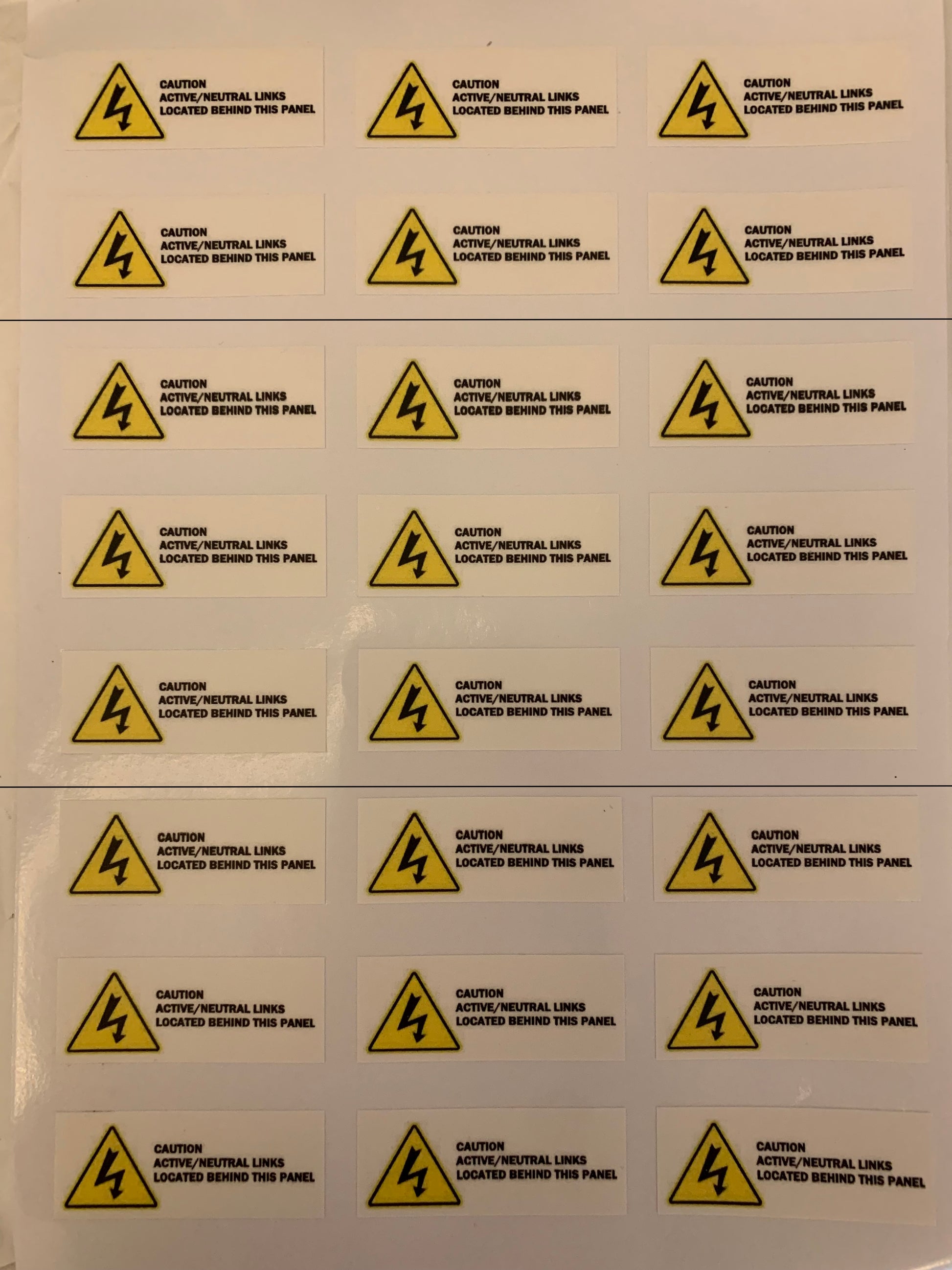 Active/Neutral links behind panel warning stickers sheet - Meter Depot